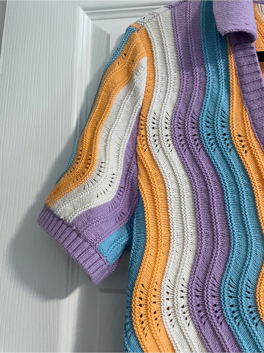 Simons Striped Wave Knit Button-Up Dress in Pastel Purple, Blue, Yellow - Picture 4 of 4